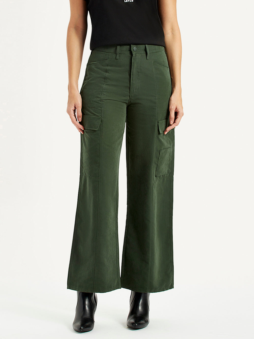 Women's High Rise Olive Green Wide Leg Fit Cargo Trouser - Front View