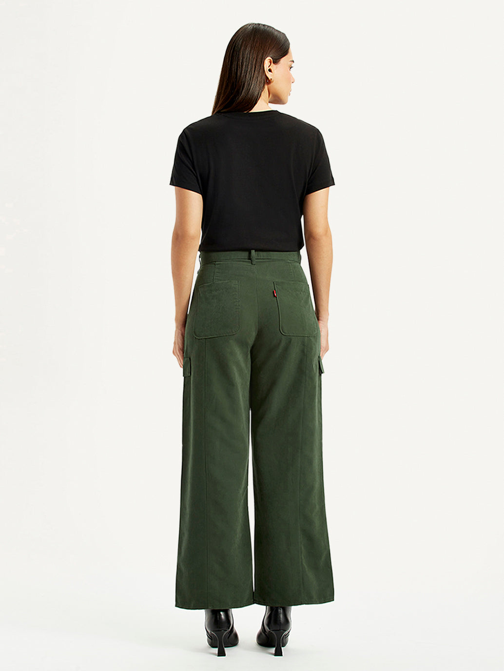 Women's High Rise Olive Green Wide Leg Fit Cargo Trouser - Back View