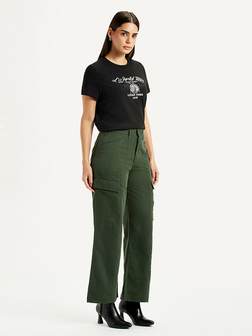 Women's High Rise Olive Green Wide Leg Fit Cargo Trouser - Side View