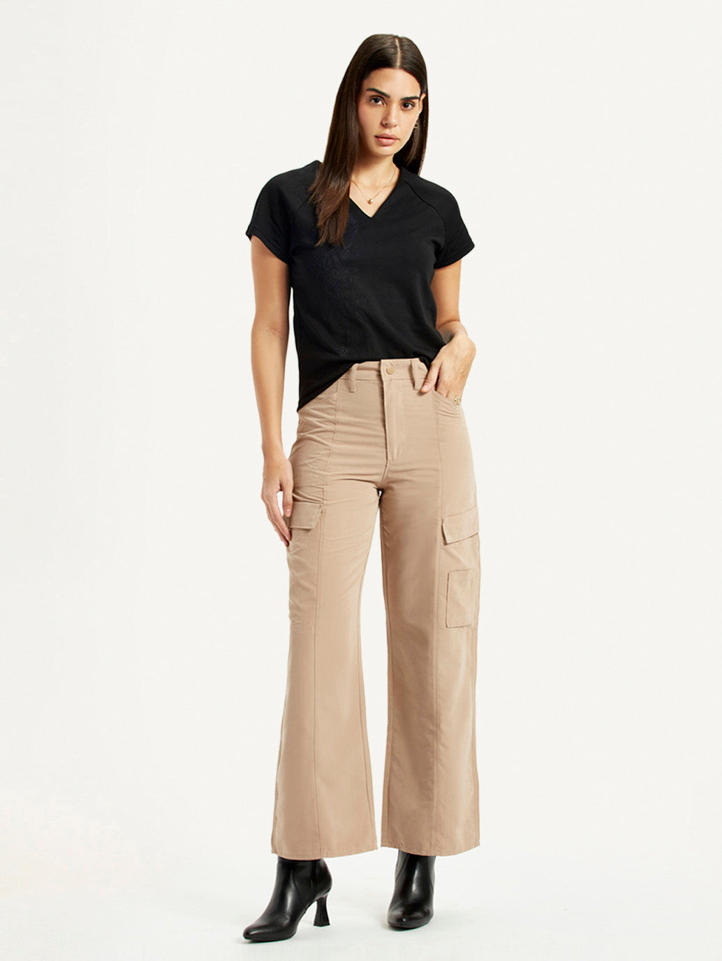Women's High Rise Beige Wide Leg Fit Cargo Trouser - Styleshot View