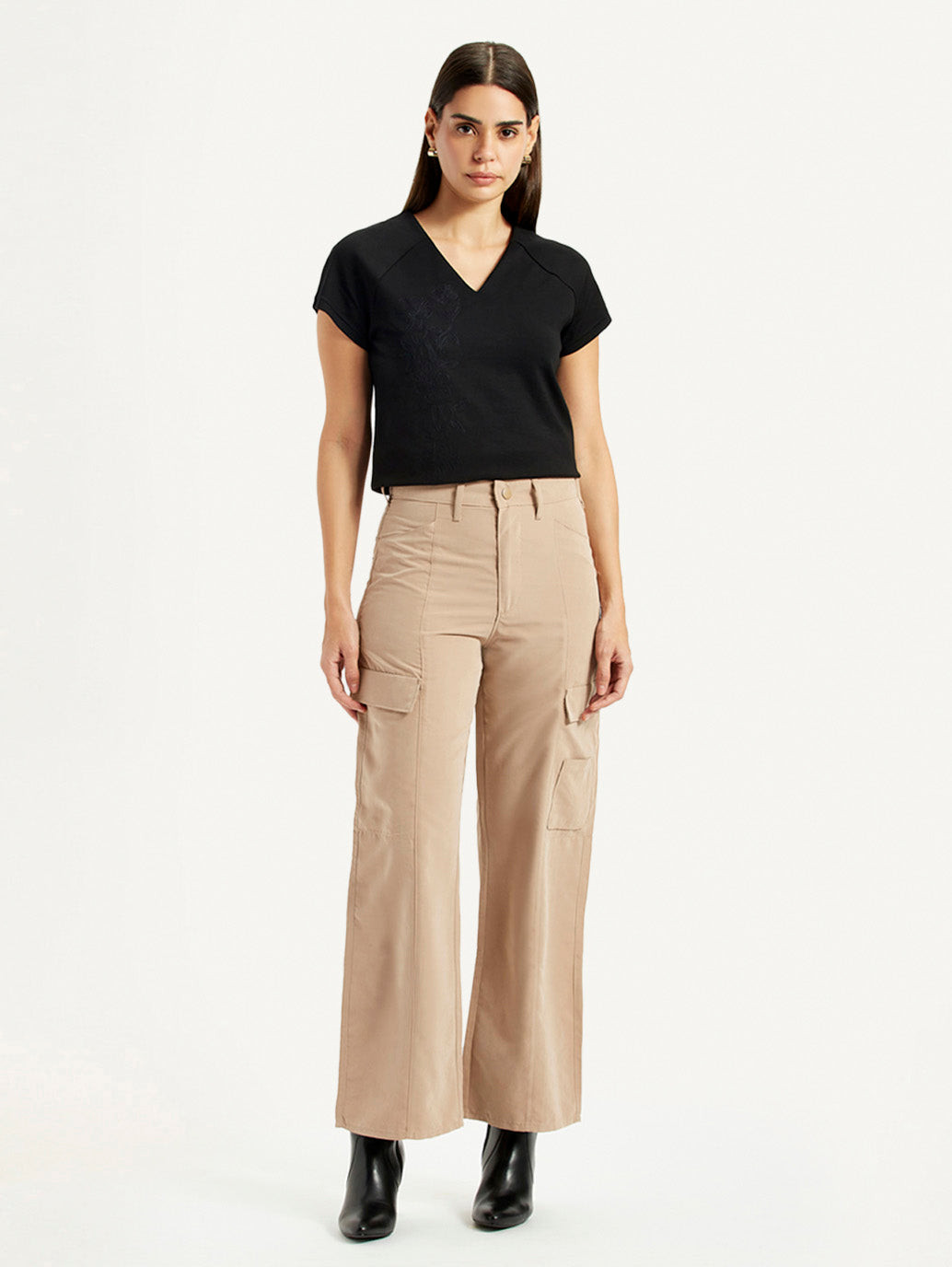 Women's High Rise Beige Wide Leg Fit Cargo Trouser - Front View