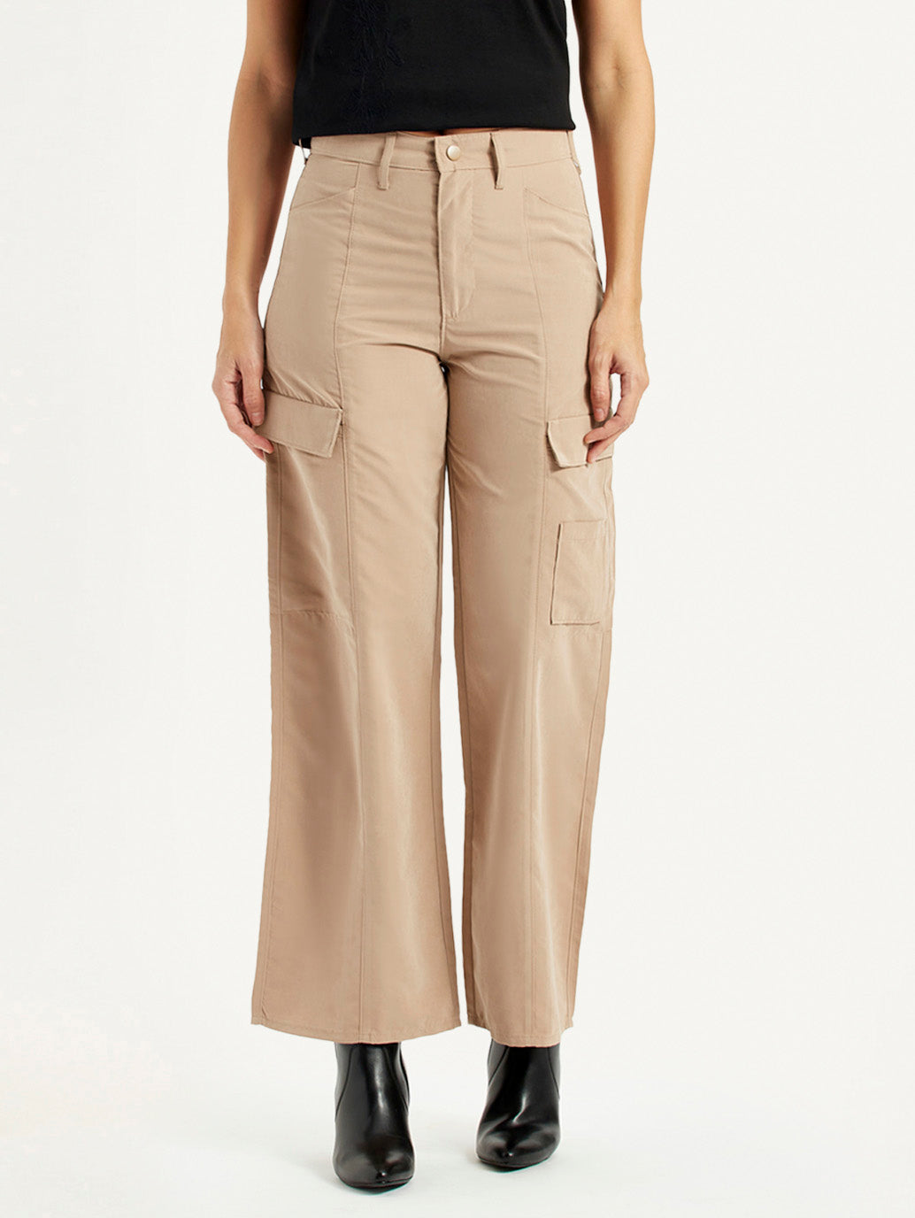 Women's High Rise Beige Wide Leg Fit Cargo Trouser - Front View