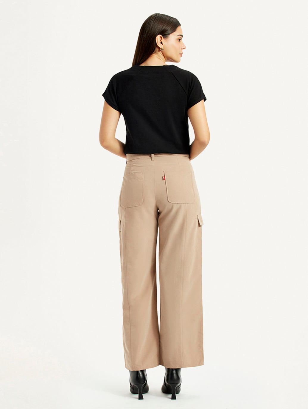 Women's High Rise Beige Wide Leg Fit Cargo Trouser - Back View