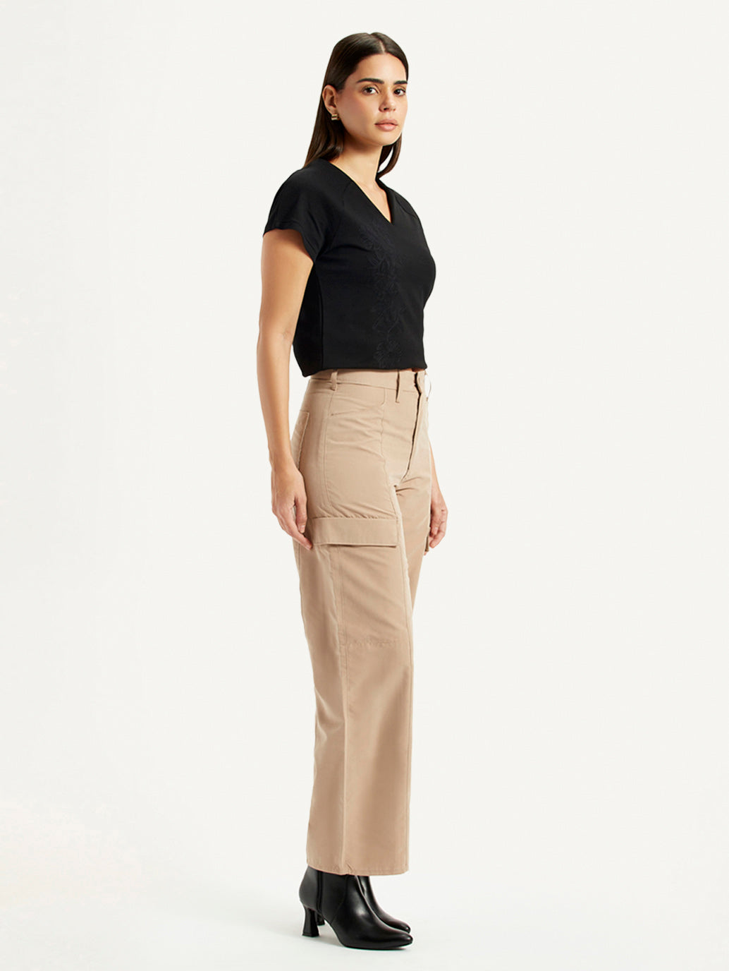 Women's High Rise Beige Wide Leg Fit Cargo Trouser - Side View