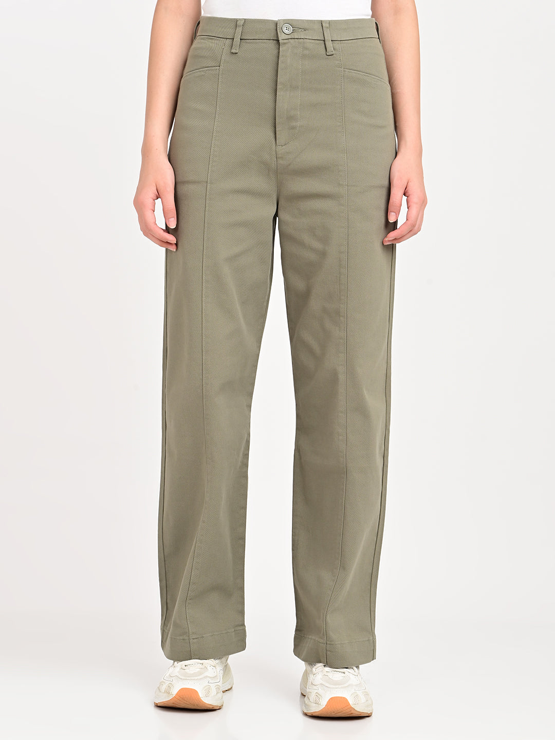 Women's Olive Loose Fit High Rise Trousers - jpg View