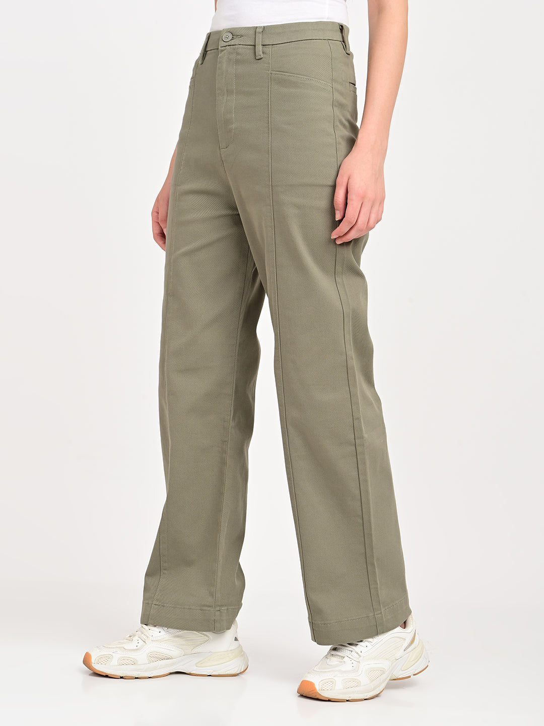 Women's Olive Loose Fit High Rise Trousers - jpg View