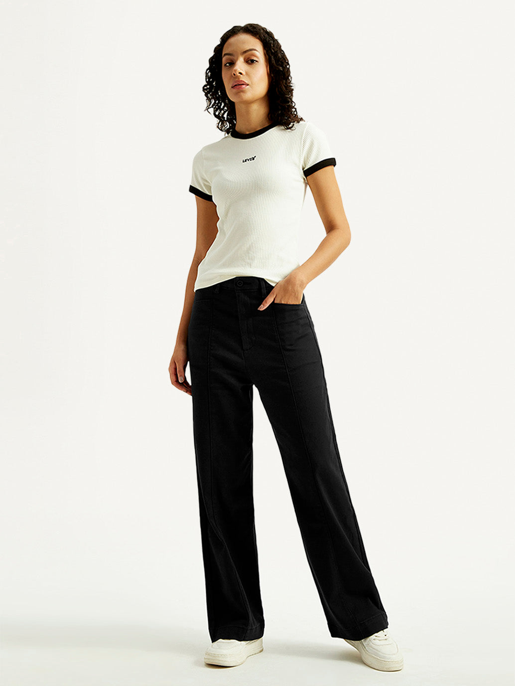 Women's Black Loose Fit Mid Rise Trousers - Styleshot View