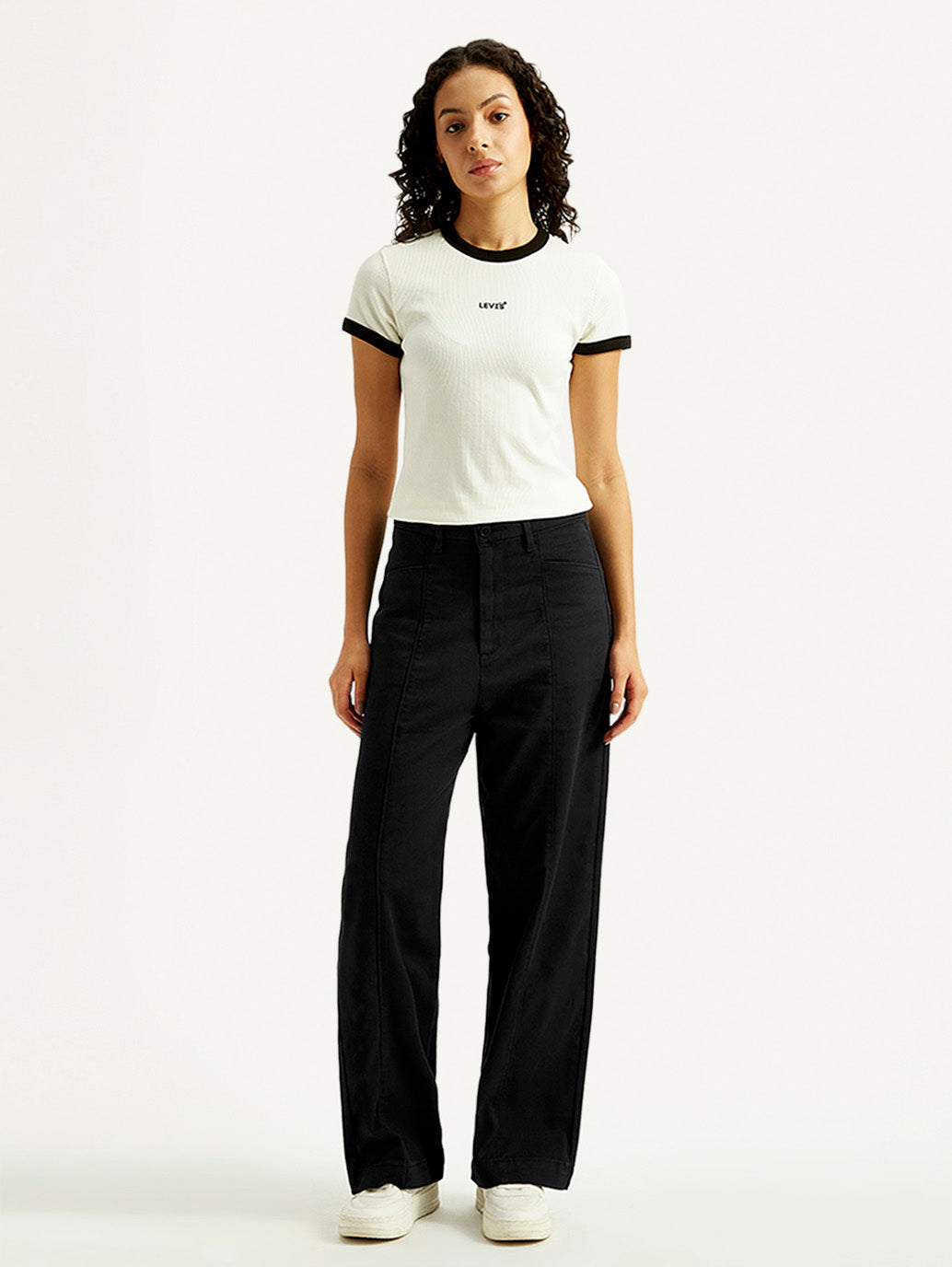 Women's Black Loose Fit Mid Rise Trousers - Front View
