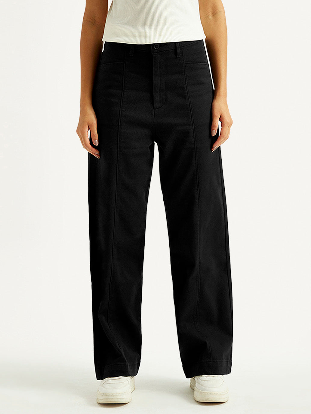 Women's Black Loose Fit Mid Rise Trousers - Front View