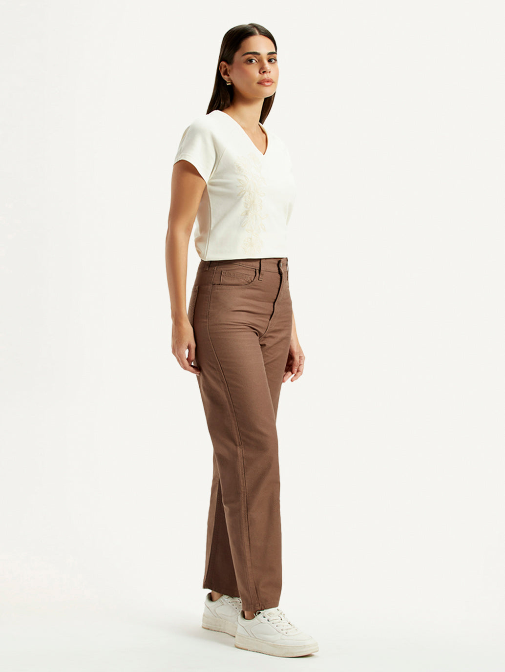 Women's Brown Ribcage Straight Fit High Rise Jeans - Side View