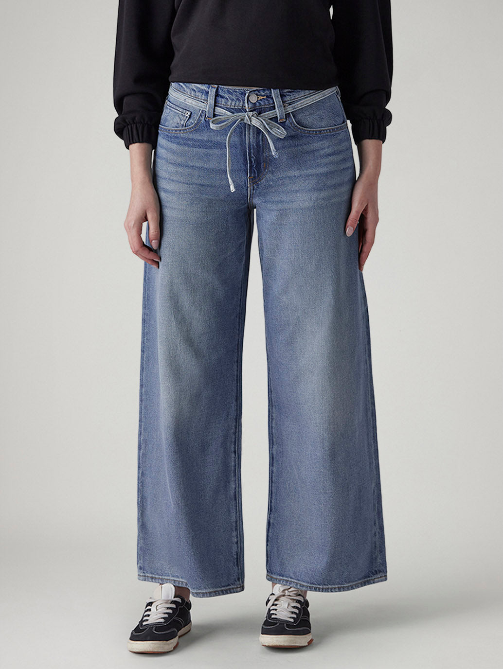 Women's Light Indigo Baggy Fit High Rise Cinched Jeans - Front View
