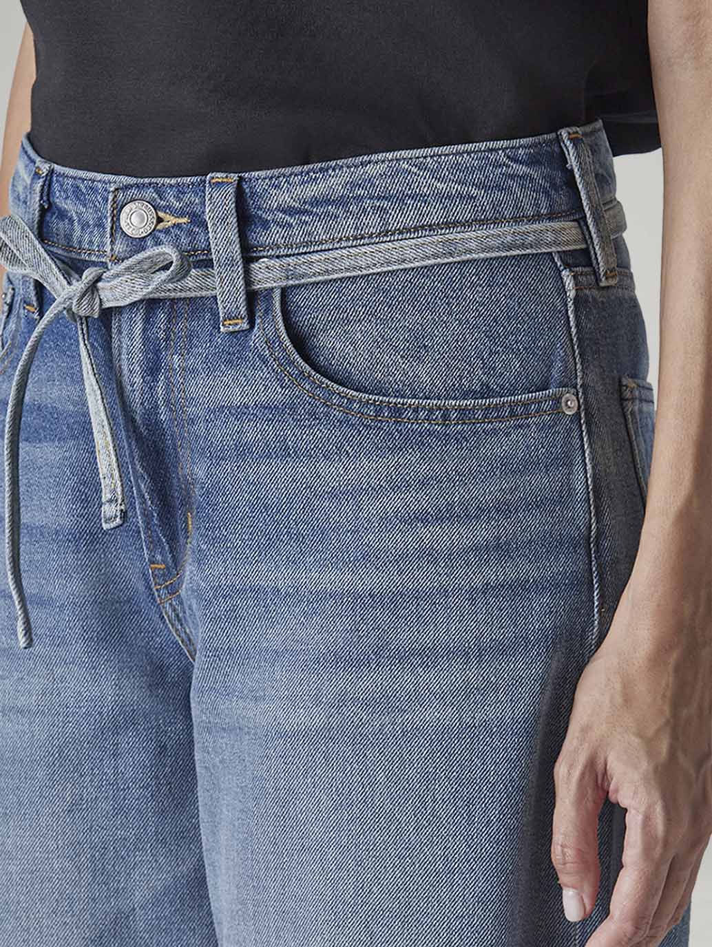 Women's Light Indigo Baggy Fit High Rise Cinched Jeans - Detail View