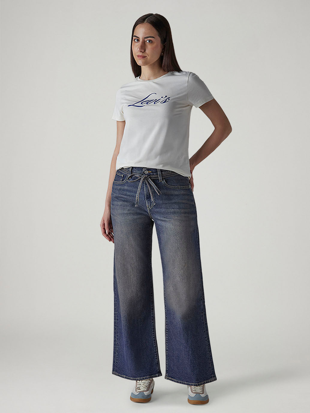 Women's Dark Indigo Baggy Fit High Rise Cinched Jeans - Front View