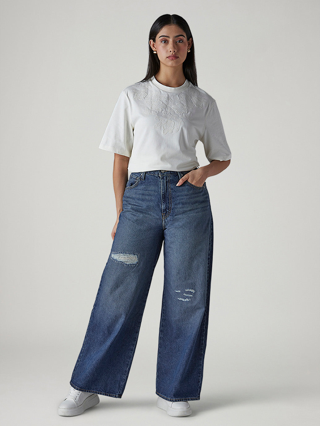 Women's Med Indigo Baggy Fit High Rise Cinched Jeans