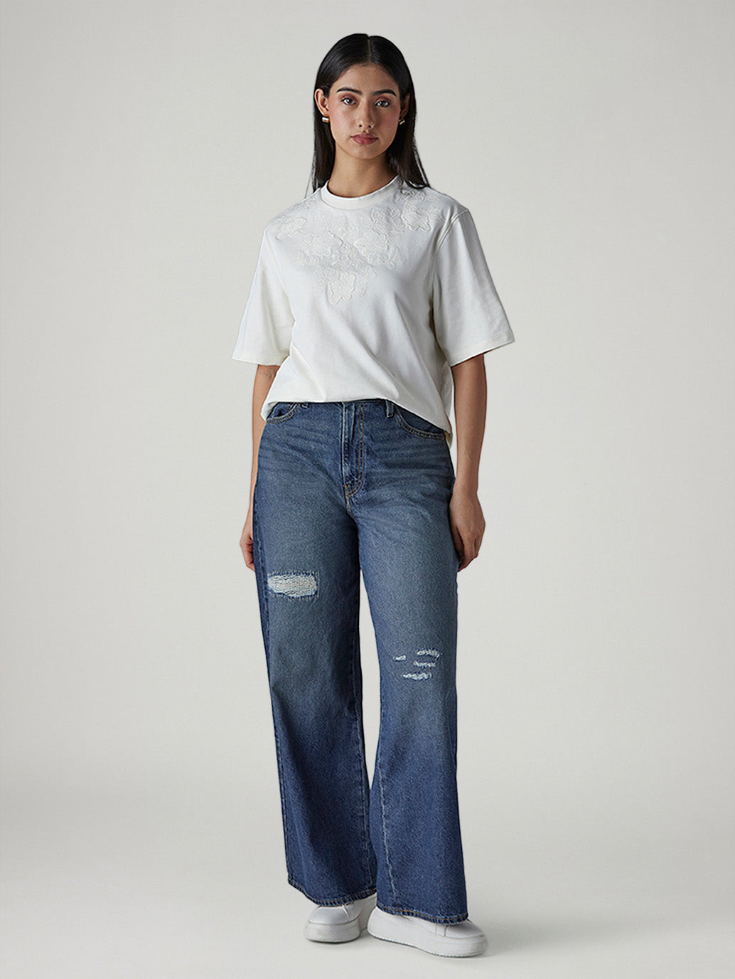Women's Med Indigo Baggy Fit High Rise Cinched Jeans - Front View