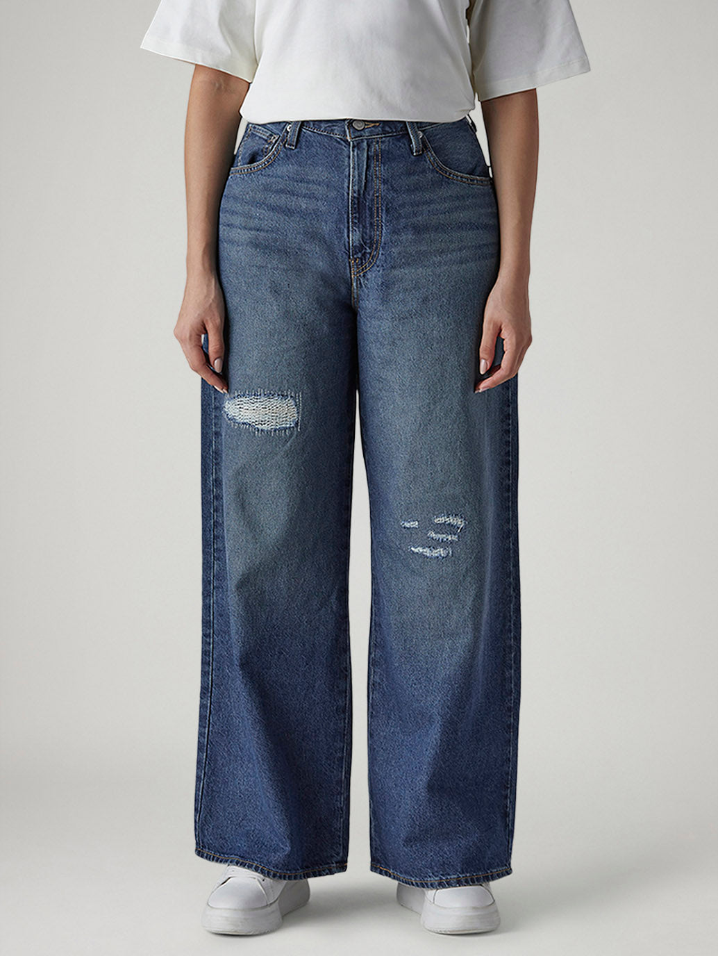Women's Med Indigo Baggy Fit High Rise Cinched Jeans - Front View