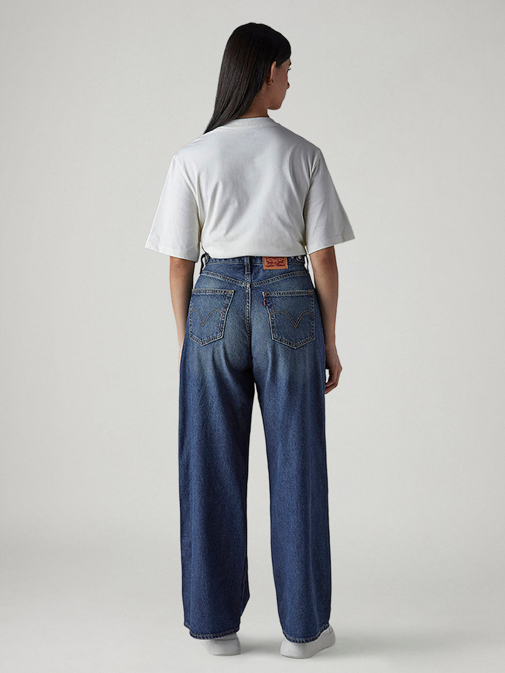 Women's Med Indigo Baggy Fit High Rise Cinched Jeans - Back View
