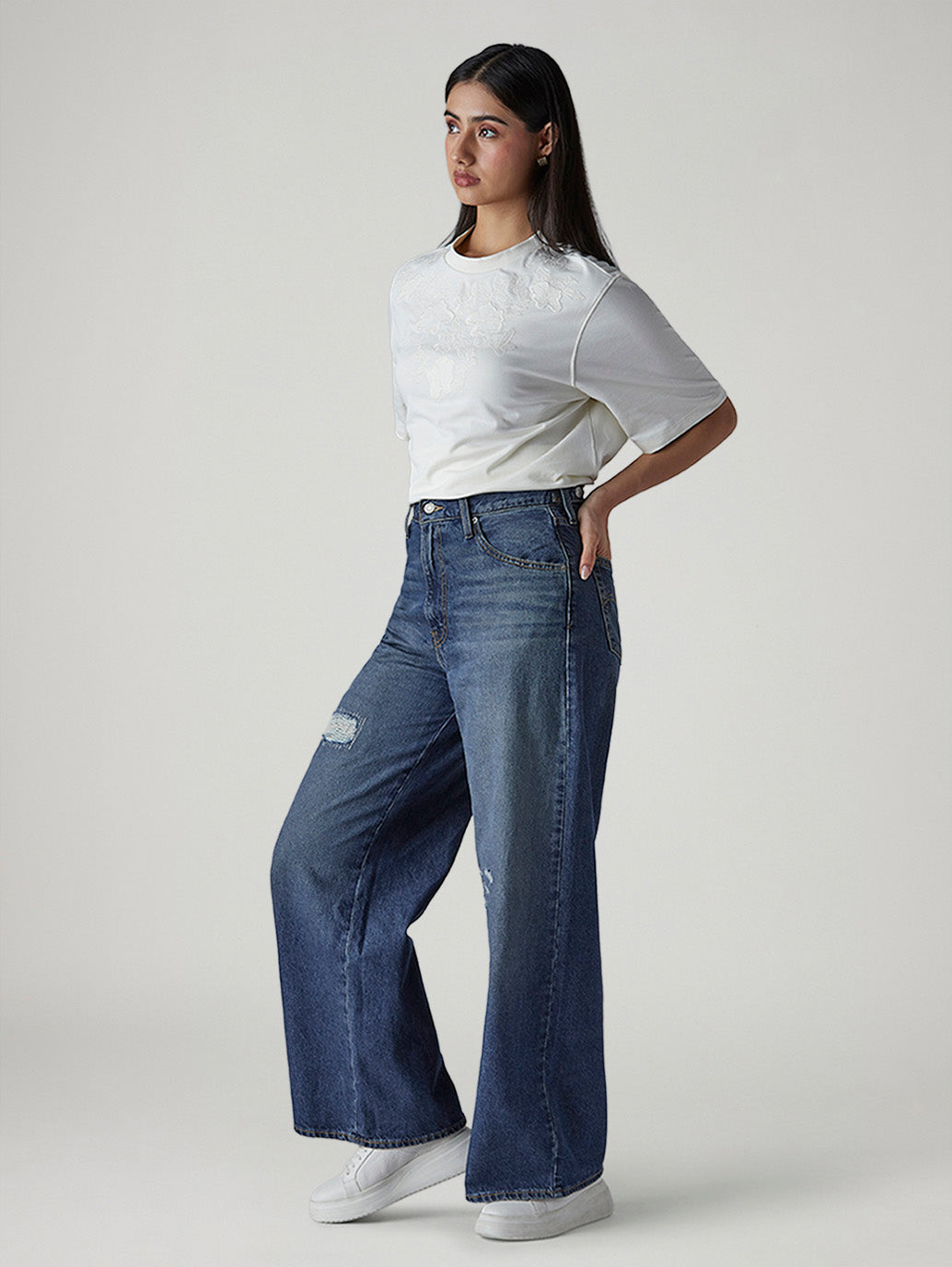 Women's Med Indigo Baggy Fit High Rise Cinched Jeans - Side View