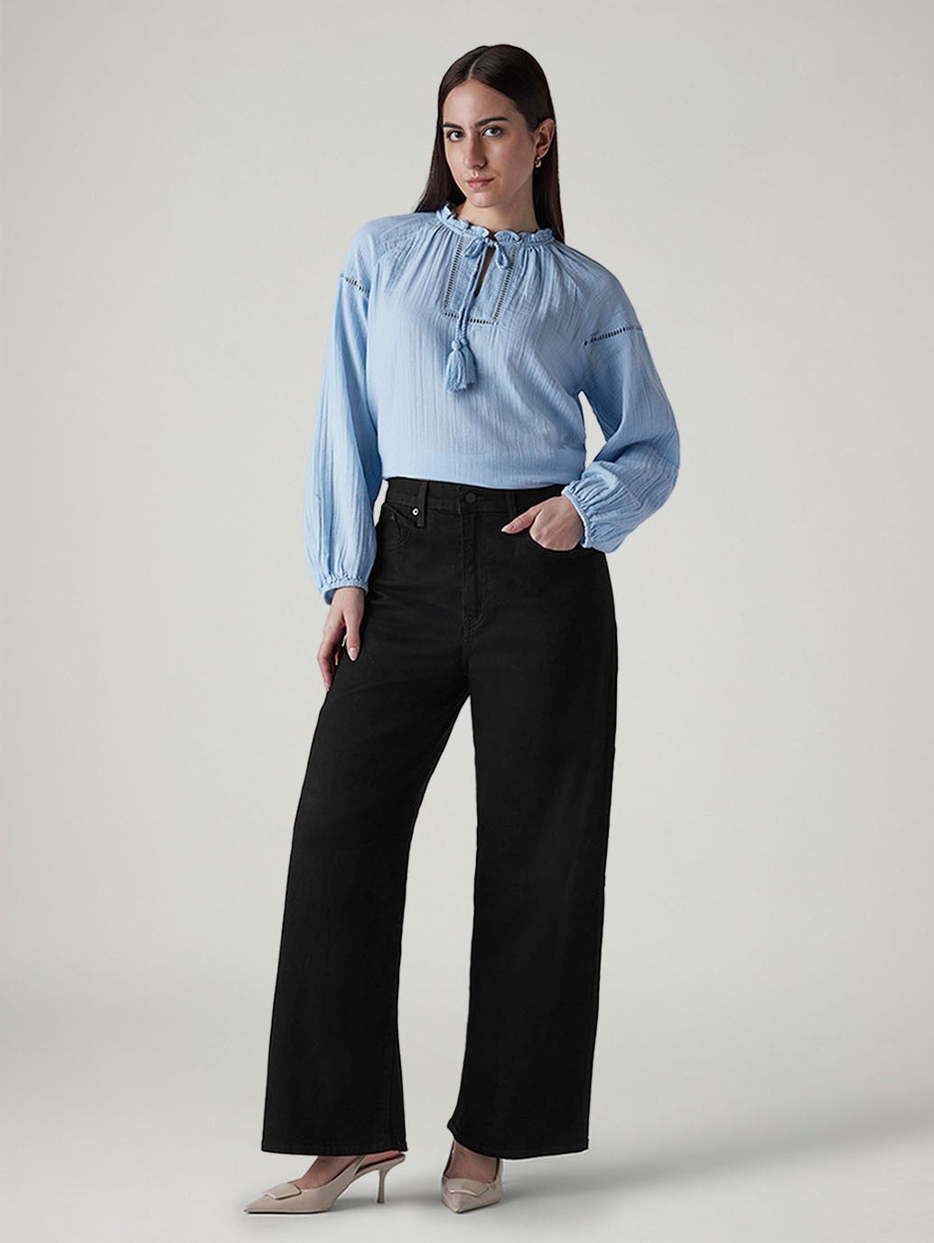 Women's Black Baggy Fit High Rise Cinched Jeans - 20 View