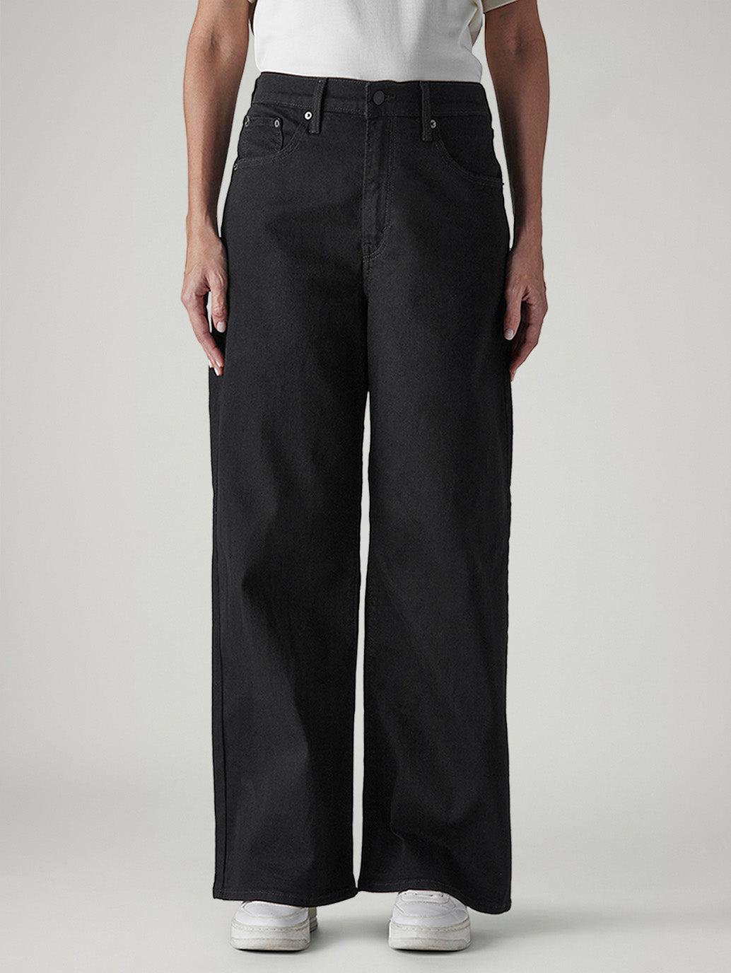 Women's Black Baggy Fit High Rise Cinched Jeans - Front View