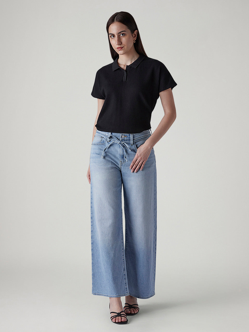 Women's Light Indigo Baggy Fit High Rise Cinched Jeans - Front View