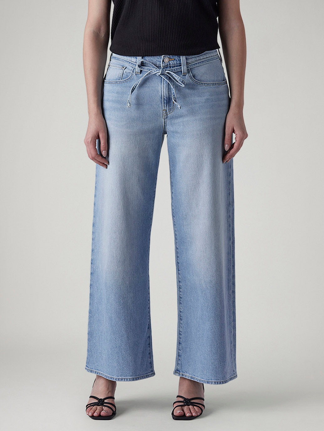 Women's Light Indigo Baggy Fit High Rise Cinched Jeans - Front View