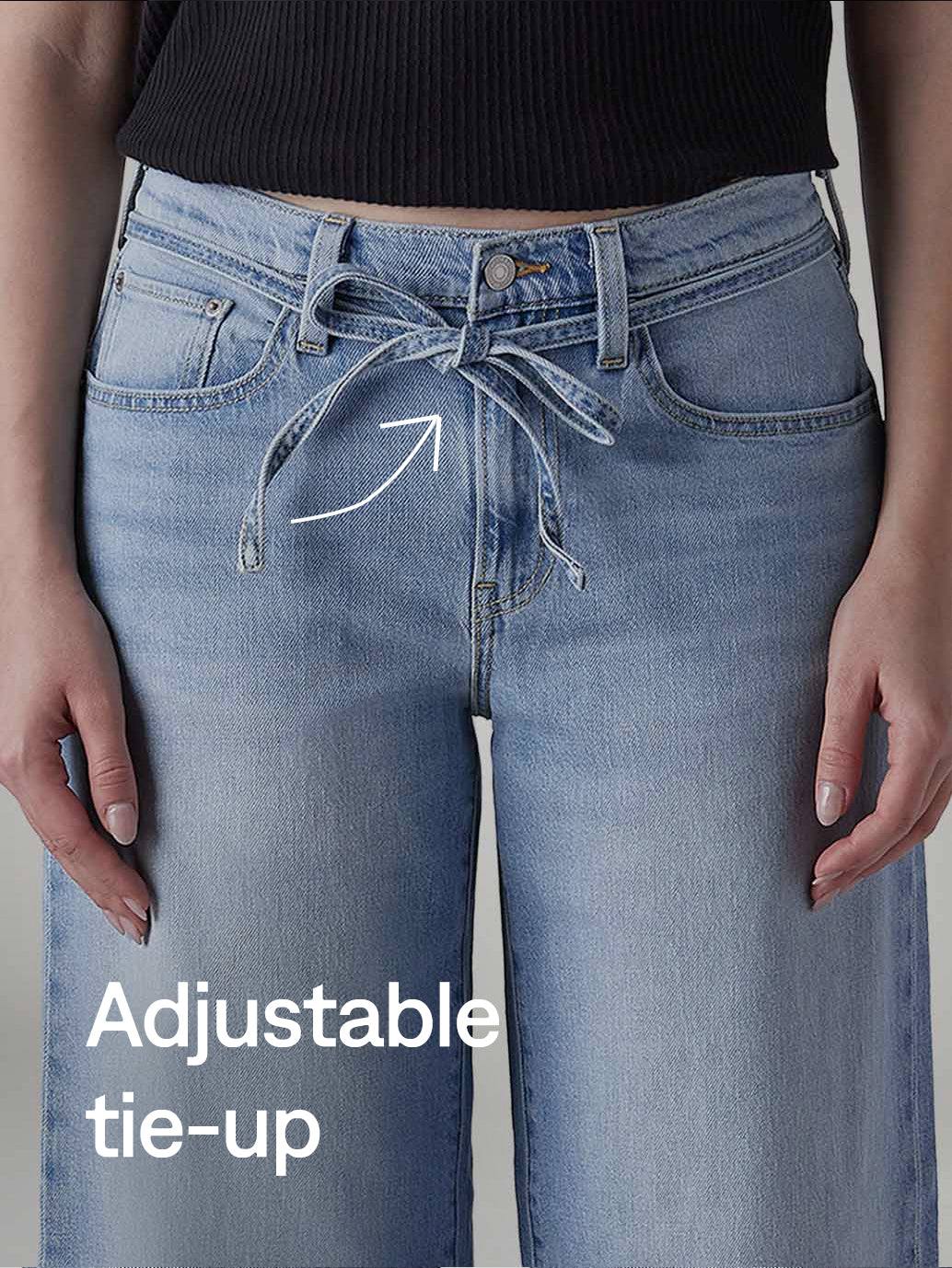 Women's Light Indigo Baggy Fit High Rise Cinched Jeans - Detail View