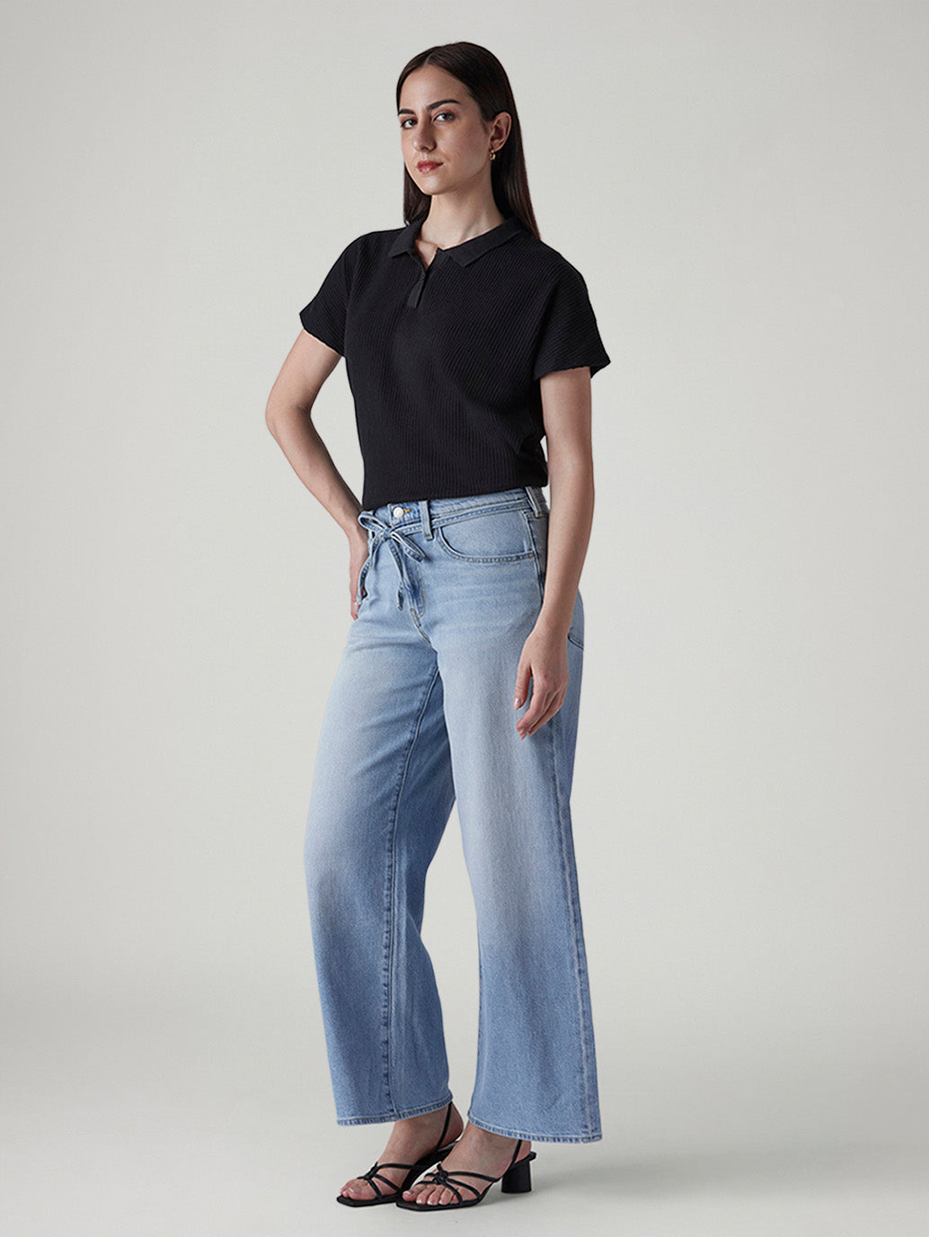 Women's Light Indigo Baggy Fit High Rise Cinched Jeans - Side View