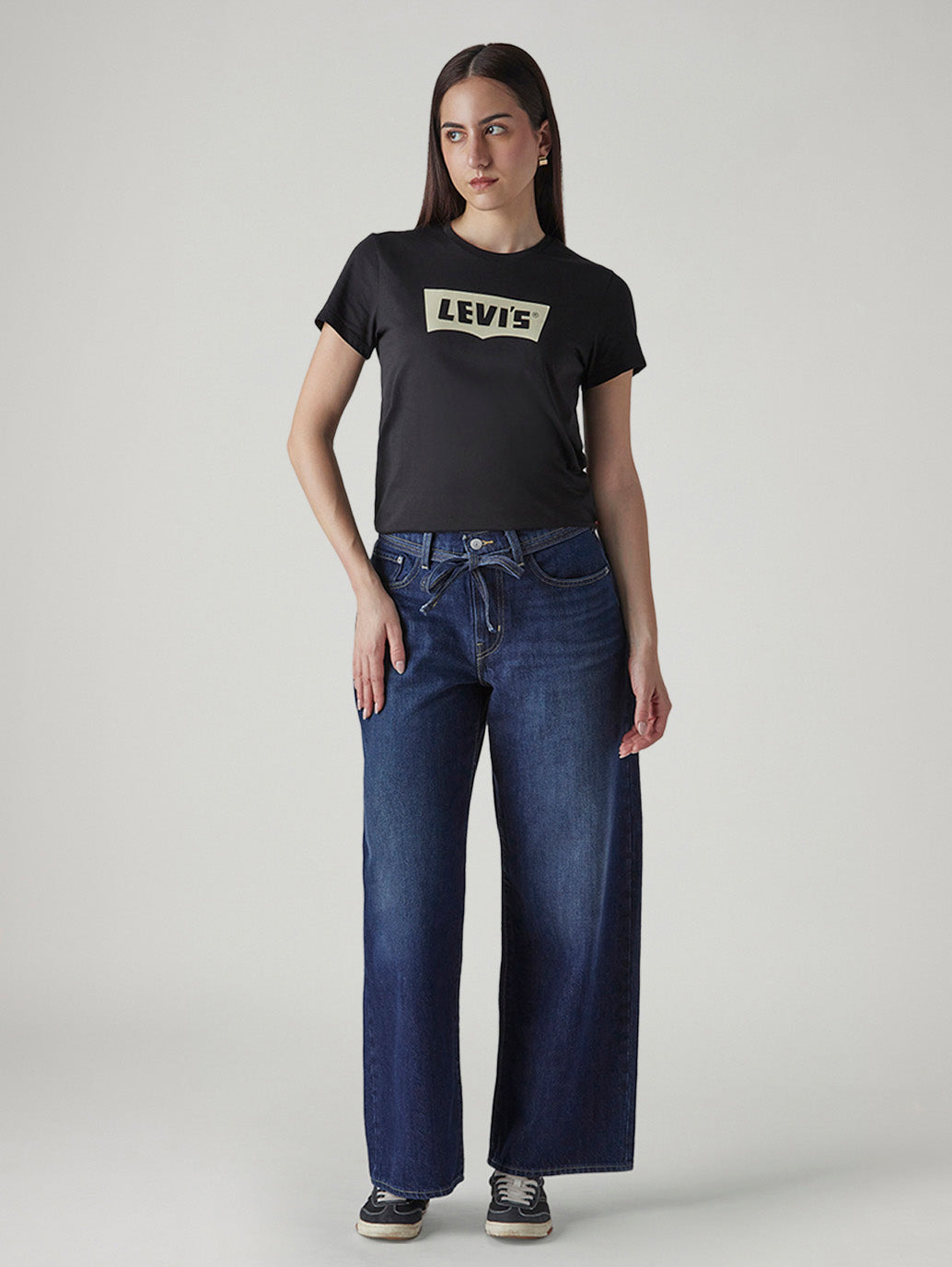 Women's Dark Indigo Baggy Fit High Rise Cinched Jeans - Front View