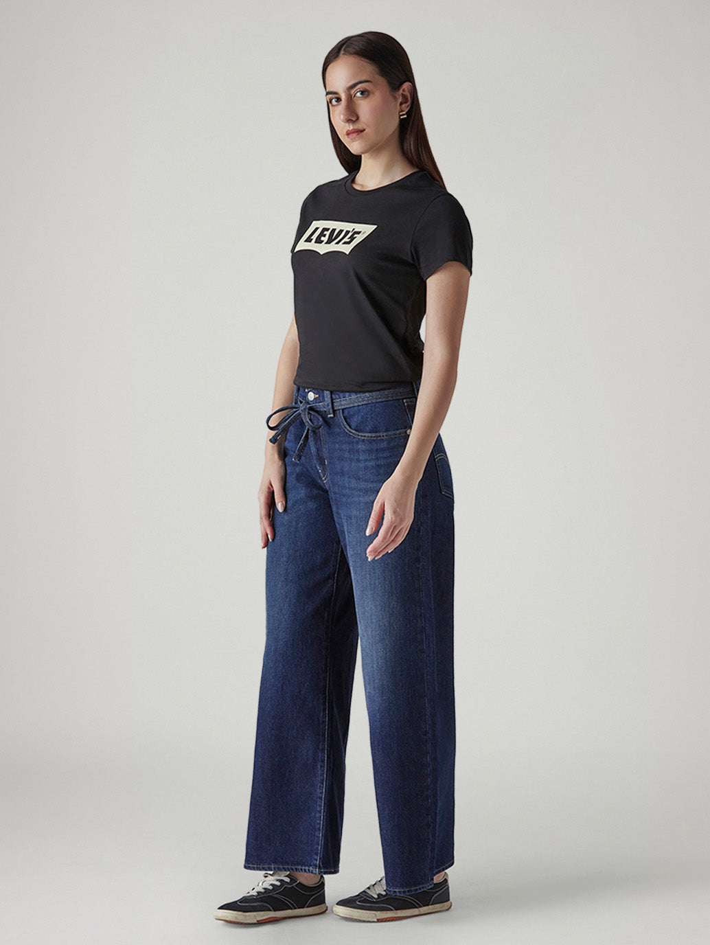 Women's Dark Indigo Baggy Fit High Rise Cinched Jeans - Side View