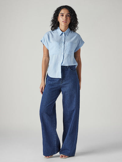 Women's Blue Baggy Fit High Rise Cinched Jeans-image-33