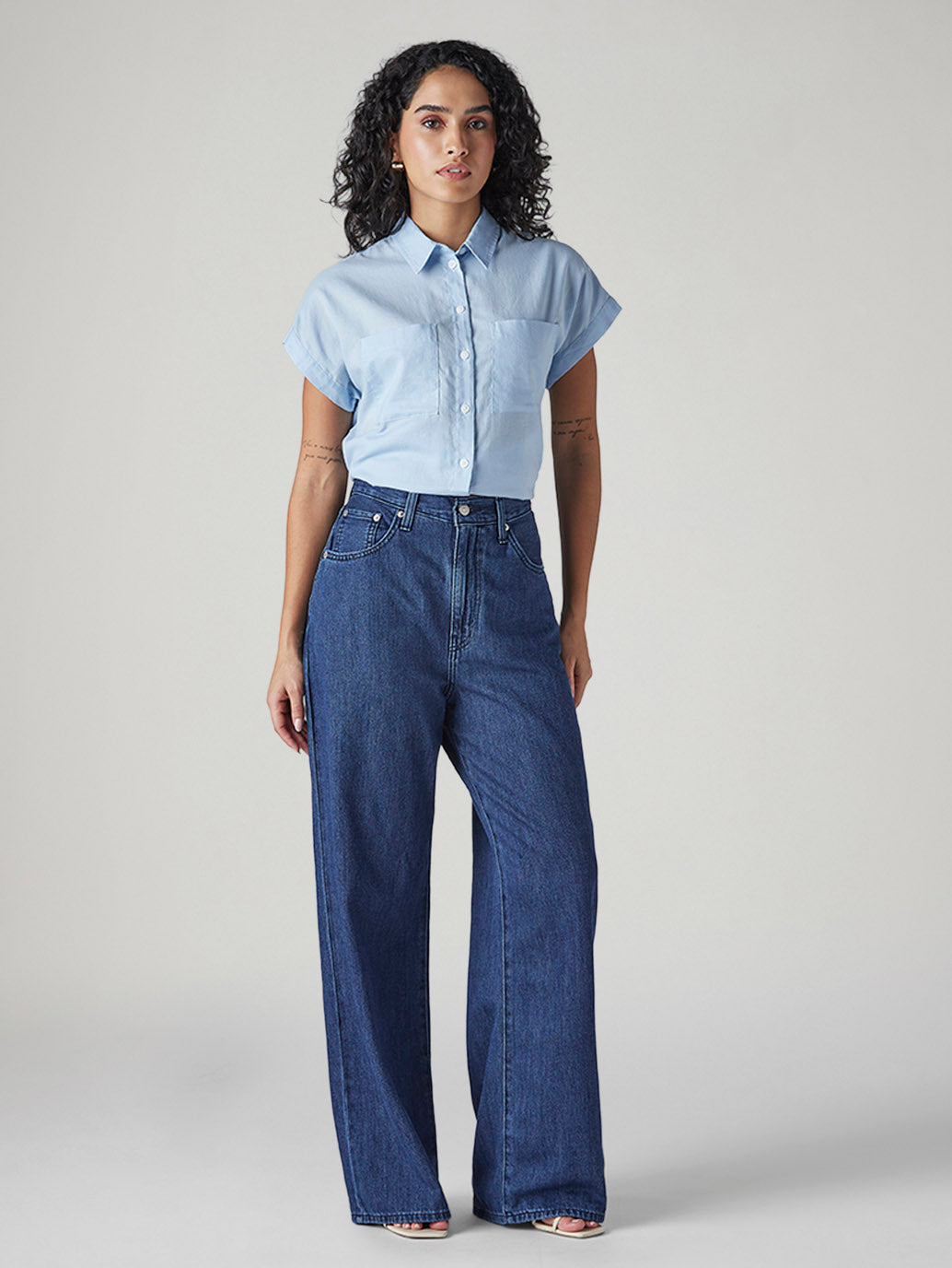 Women's Blue Baggy Fit High Rise Cinched Jeans - Front View