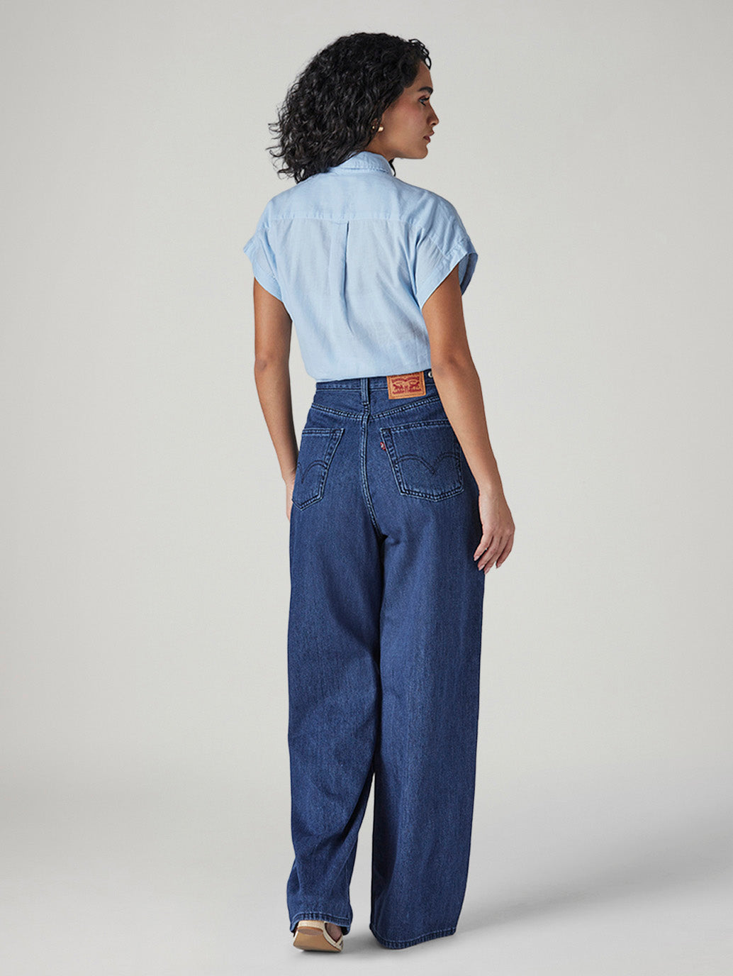 Women's Blue Baggy Fit High Rise Cinched Jeans - Back View