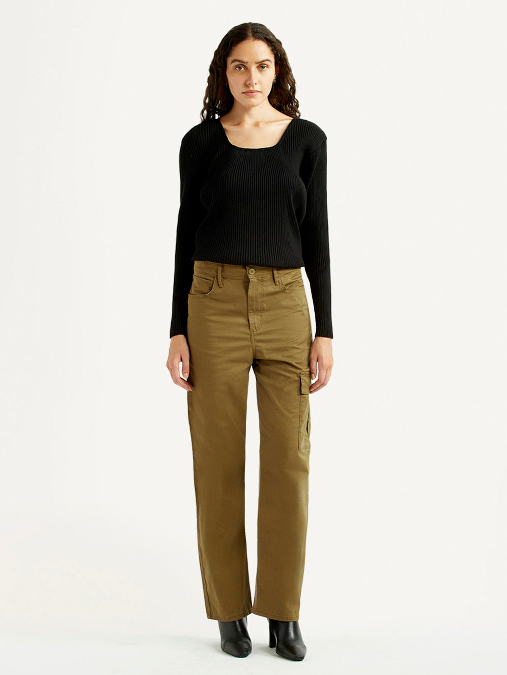 Women's Tan Ribcage Straight Fit High Rise Cargo Trousers - Front View