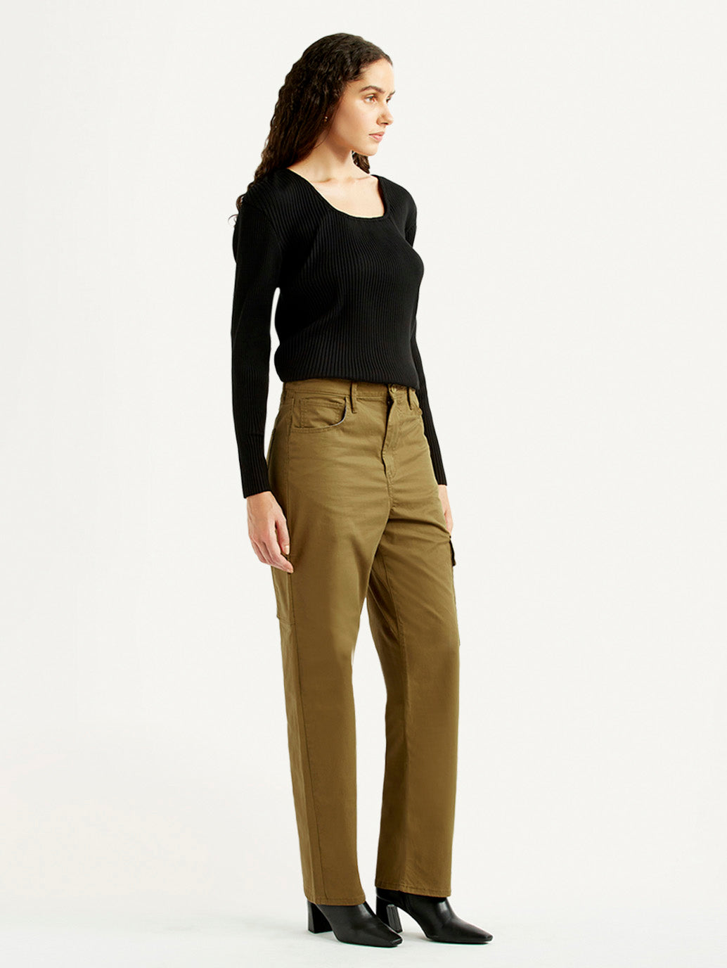Women's Tan Ribcage Straight Fit High Rise Cargo Trousers - Side View