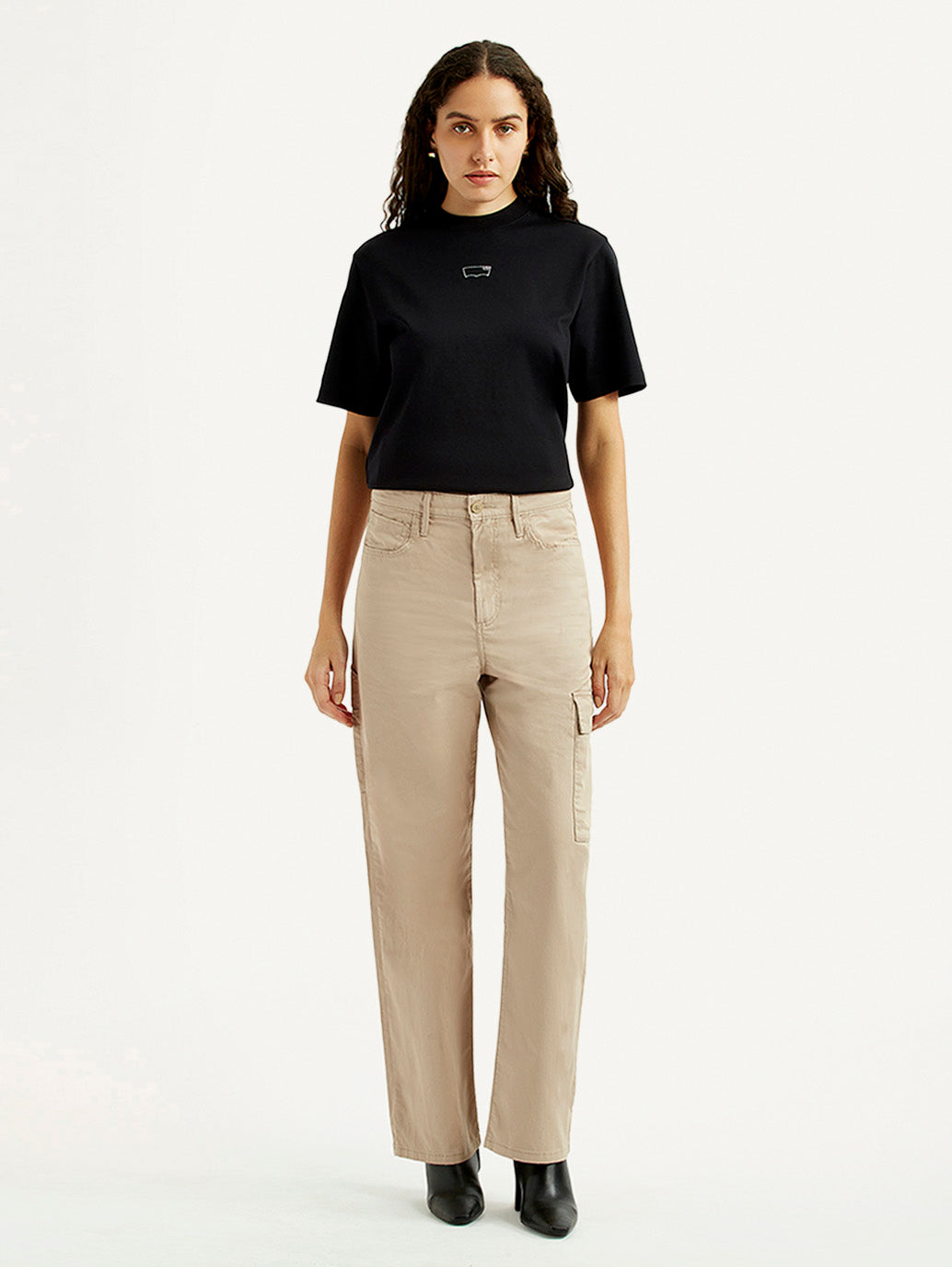Women's High Rise Beige Ribcage Straight Fit Cargo Trousers - Front View