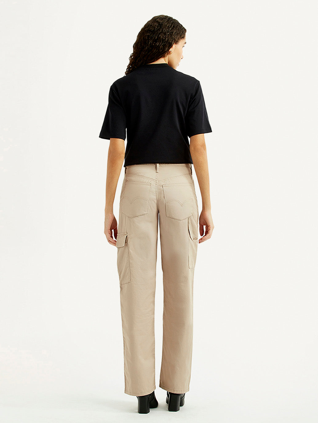 Women's High Rise Beige Ribcage Straight Fit Cargo Trousers - Back View