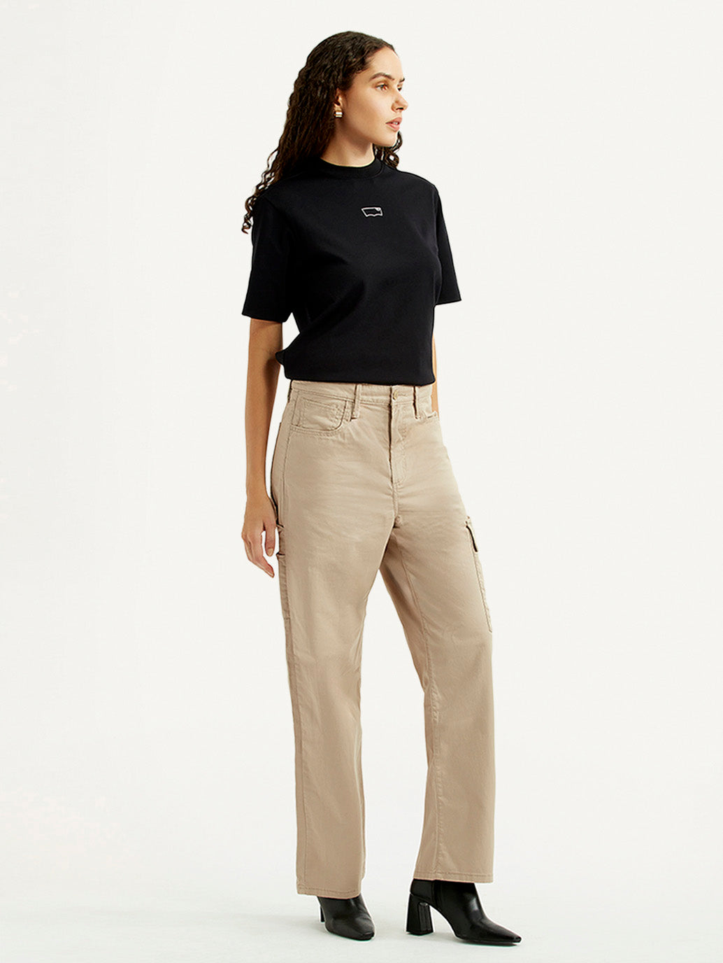 Women's High Rise Beige Ribcage Straight Fit Cargo Trousers - Side View