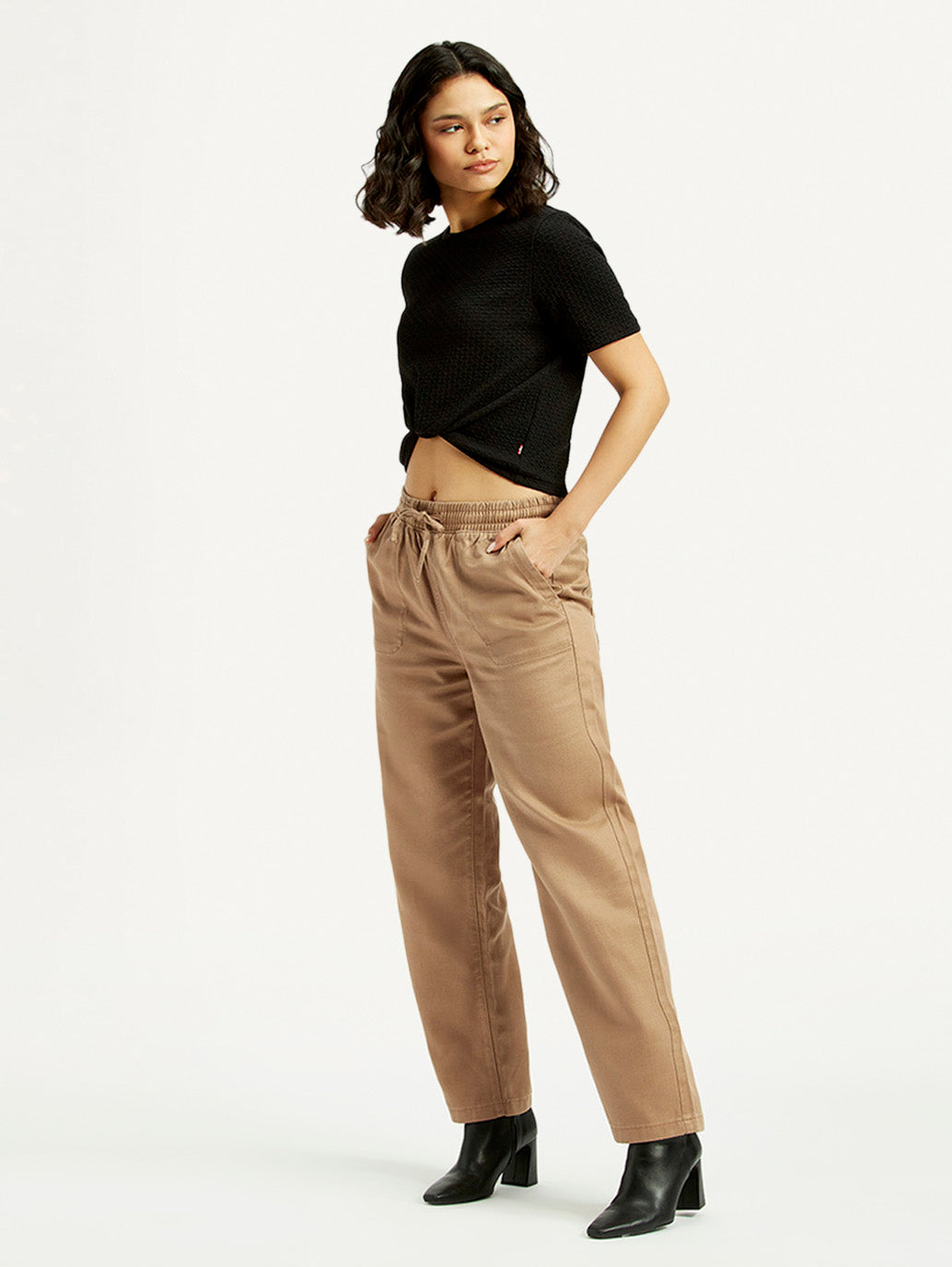 Women's Mid Rise Straight Fit Khaki Trousers - Styleshot View