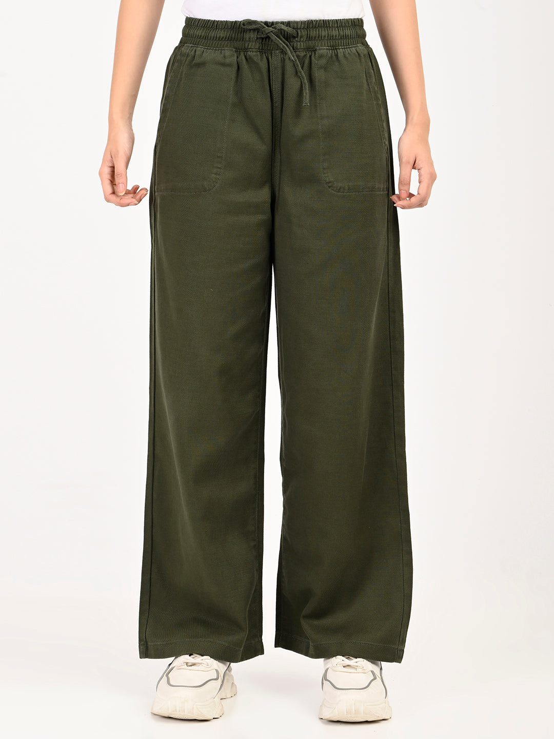 Women's High Rise Olive Regular Fit Parallel Trousers - front View