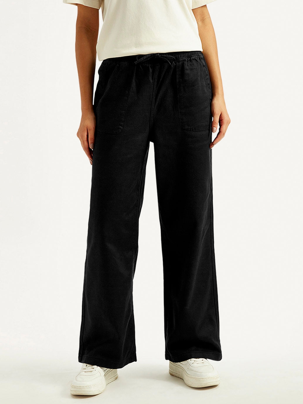 Women's Black Straight Fit Mid Rise Trousers - Front View