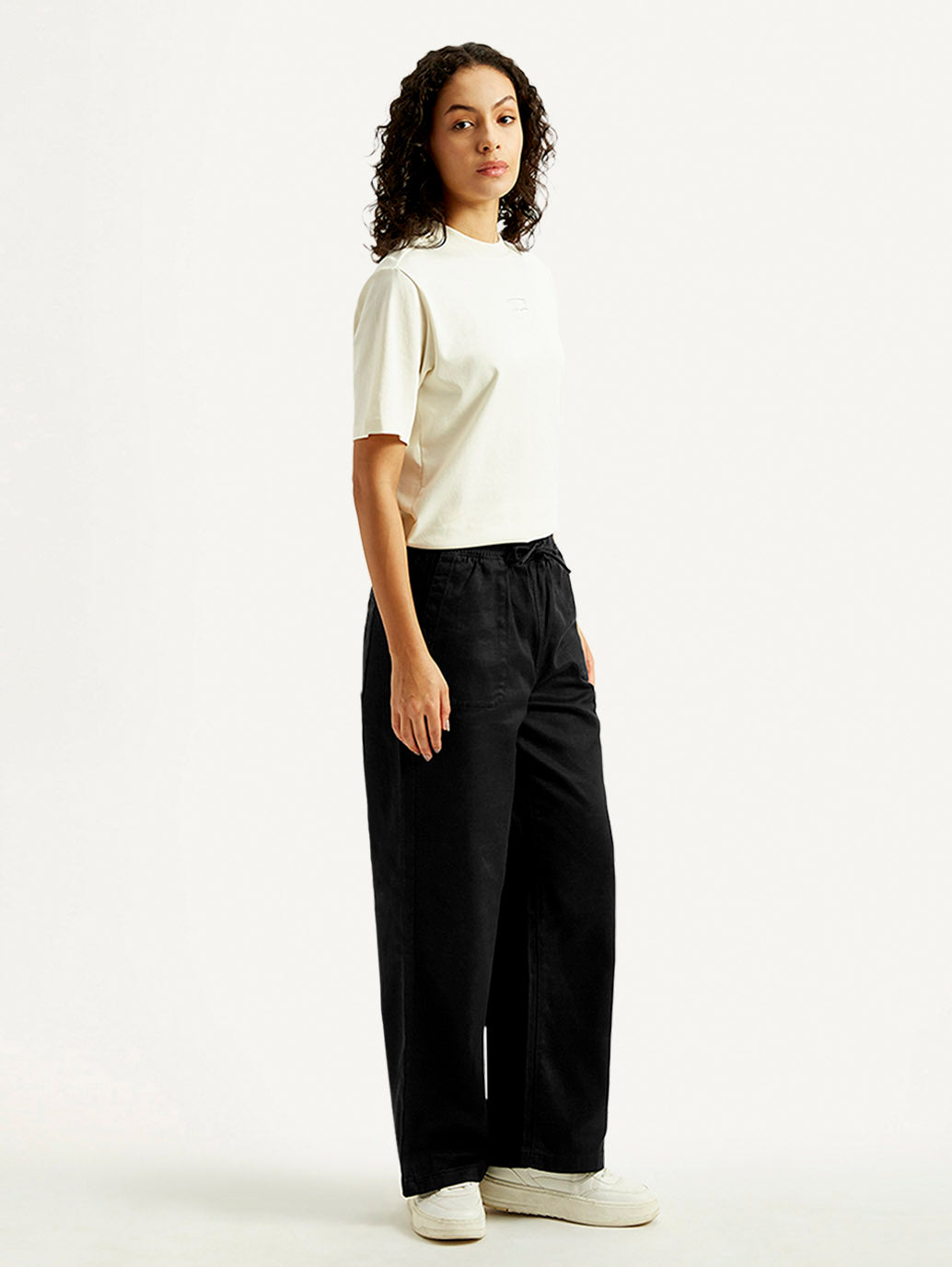 Women's Black Straight Fit Mid Rise Trousers - Side View