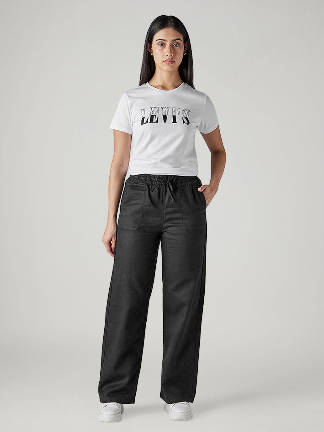 Women's Black Straight Fit Mid Rise Easy Trousers - Front View