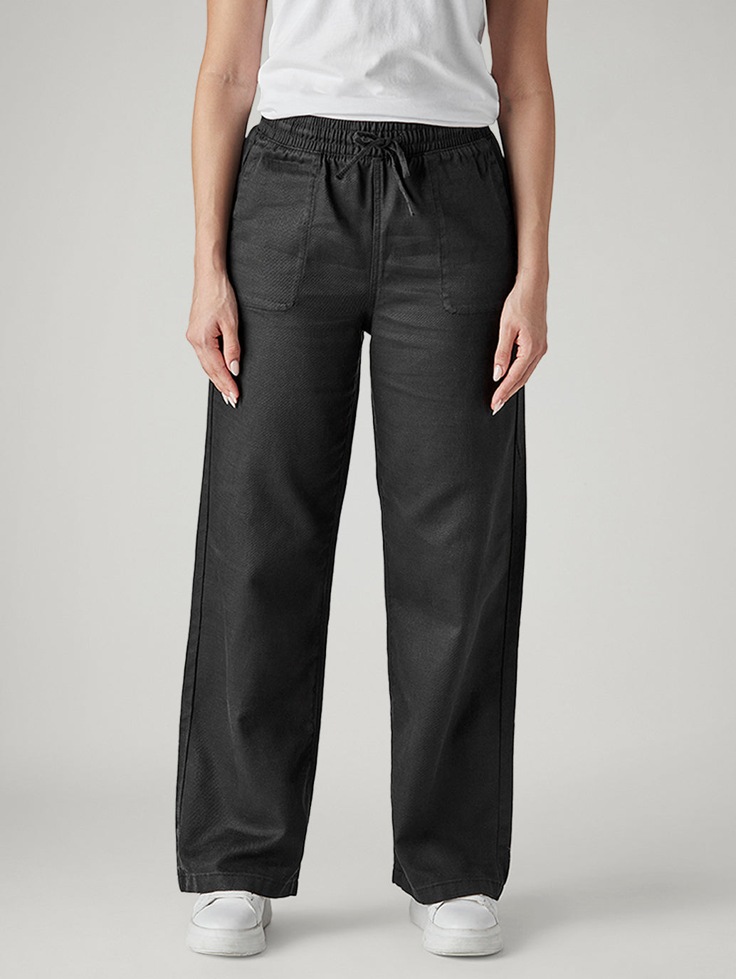 Women's Black Straight Fit Mid Rise Easy Trousers - Front View