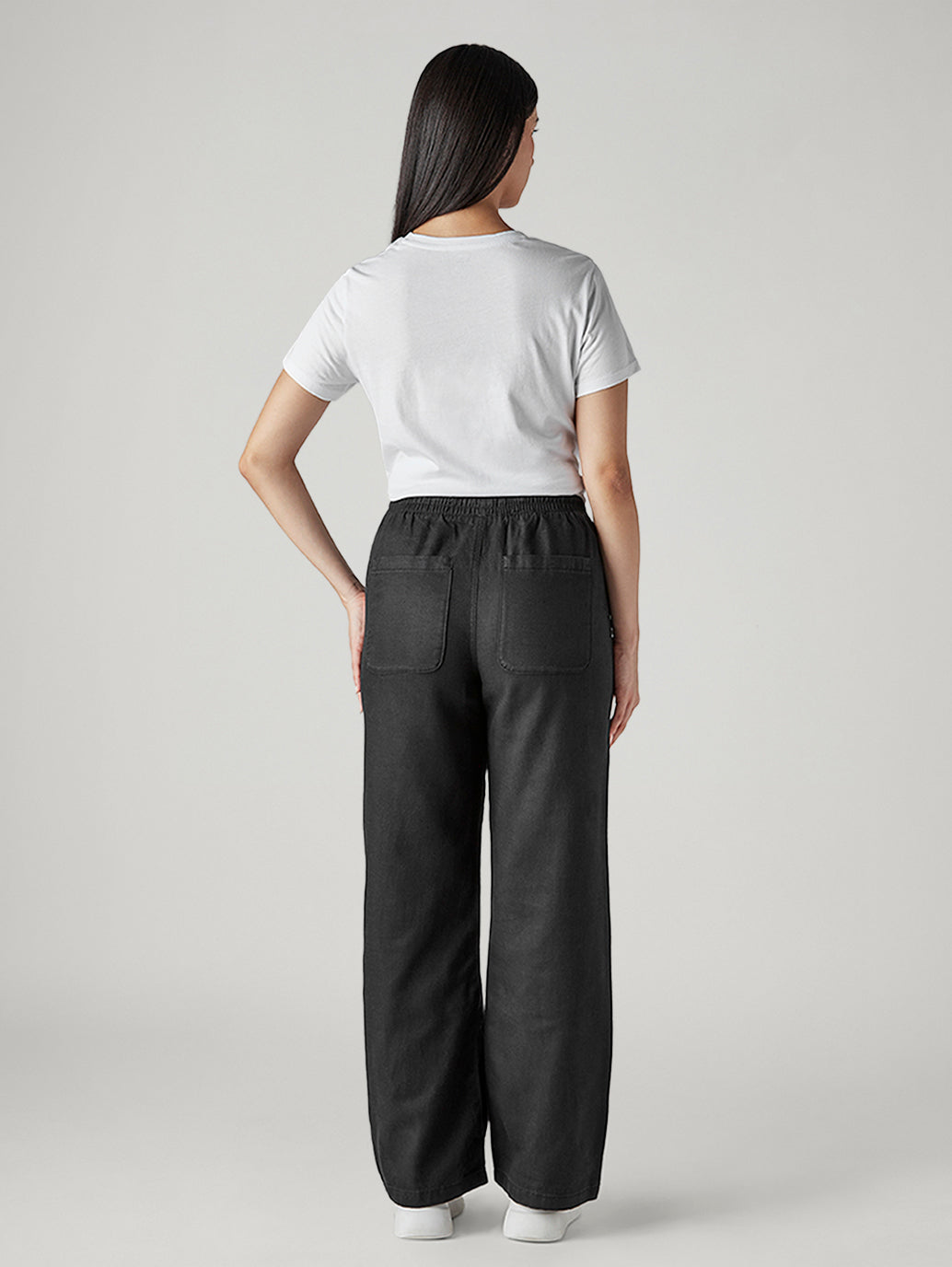 Women's Black Straight Fit Mid Rise Easy Trousers - Back View