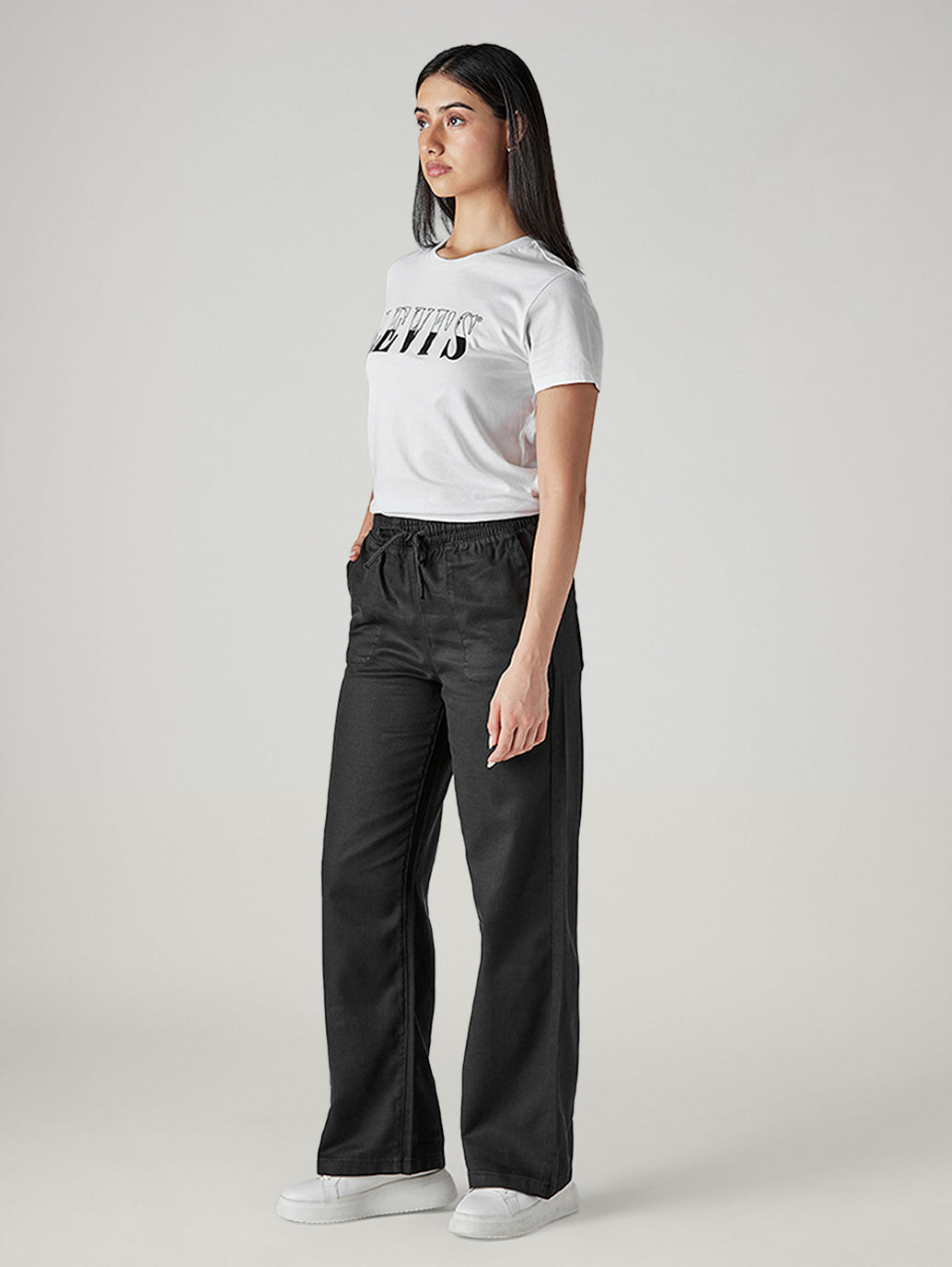 Women's Black Straight Fit Mid Rise Easy Trousers - Side View