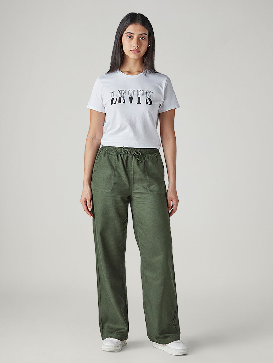 Women's Olive Straight Fit Mid Rise Easy Trousers - Front View