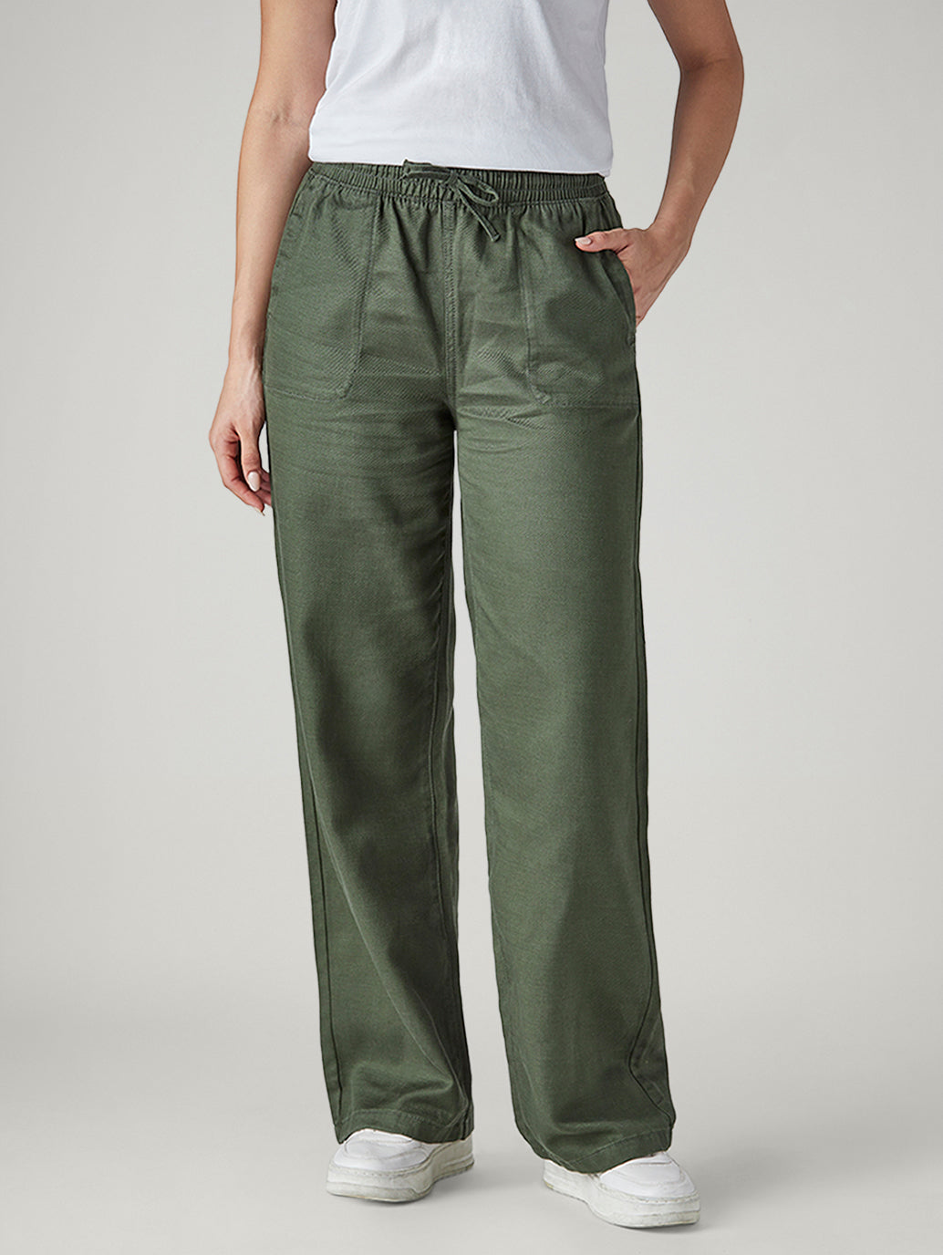 Women's Olive Straight Fit Mid Rise Easy Trousers - Front View