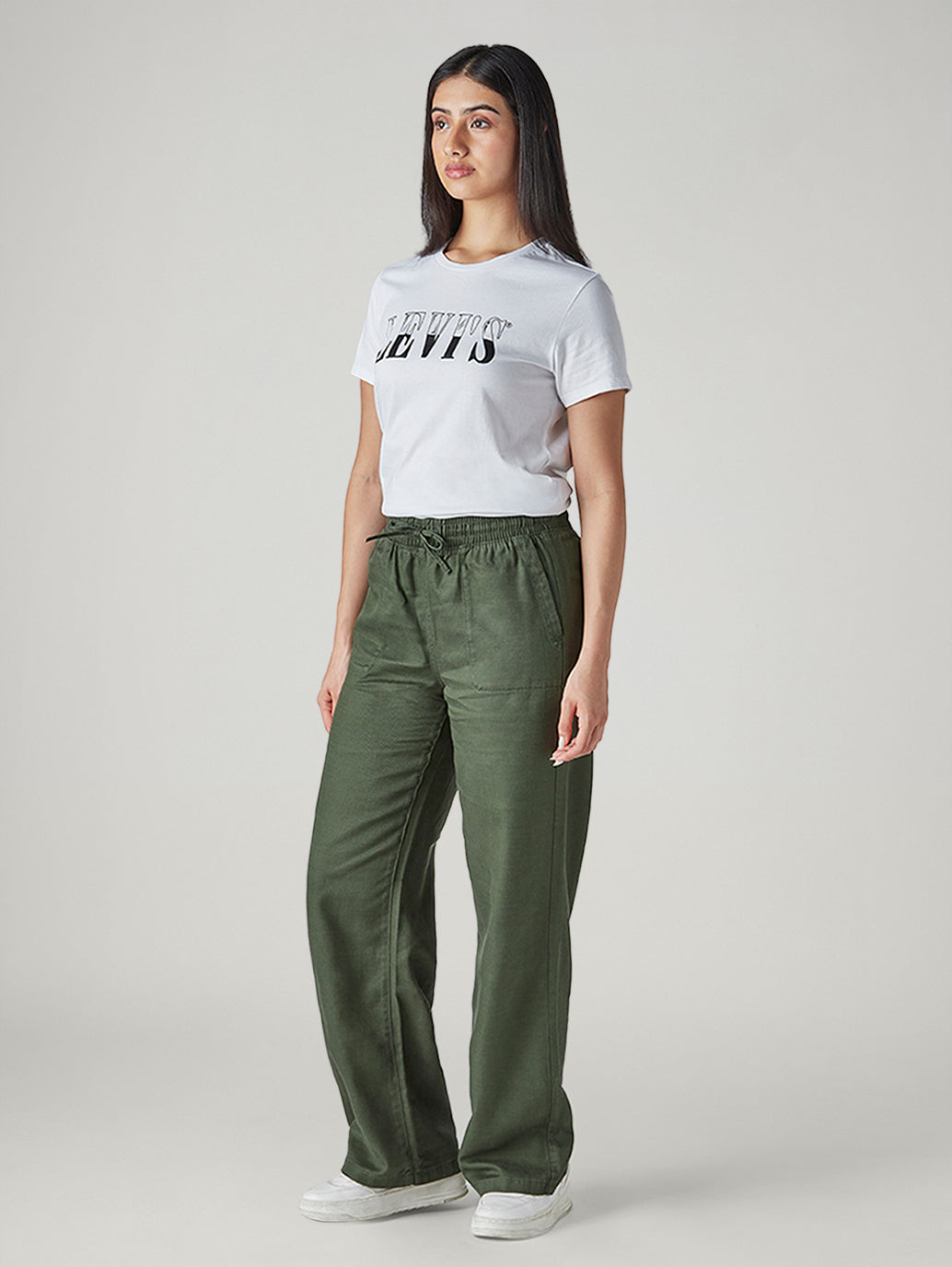 Women's Olive Straight Fit Mid Rise Easy Trousers - Side View