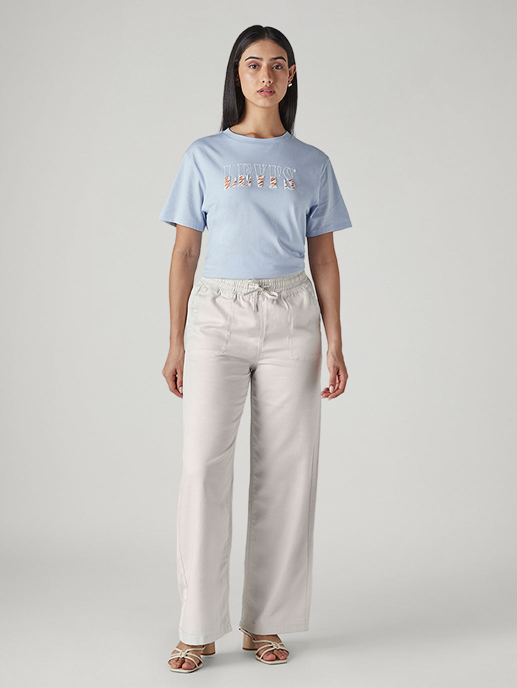 Women's Off White Straight Fit Mid Rise Easy Trousers - Front View